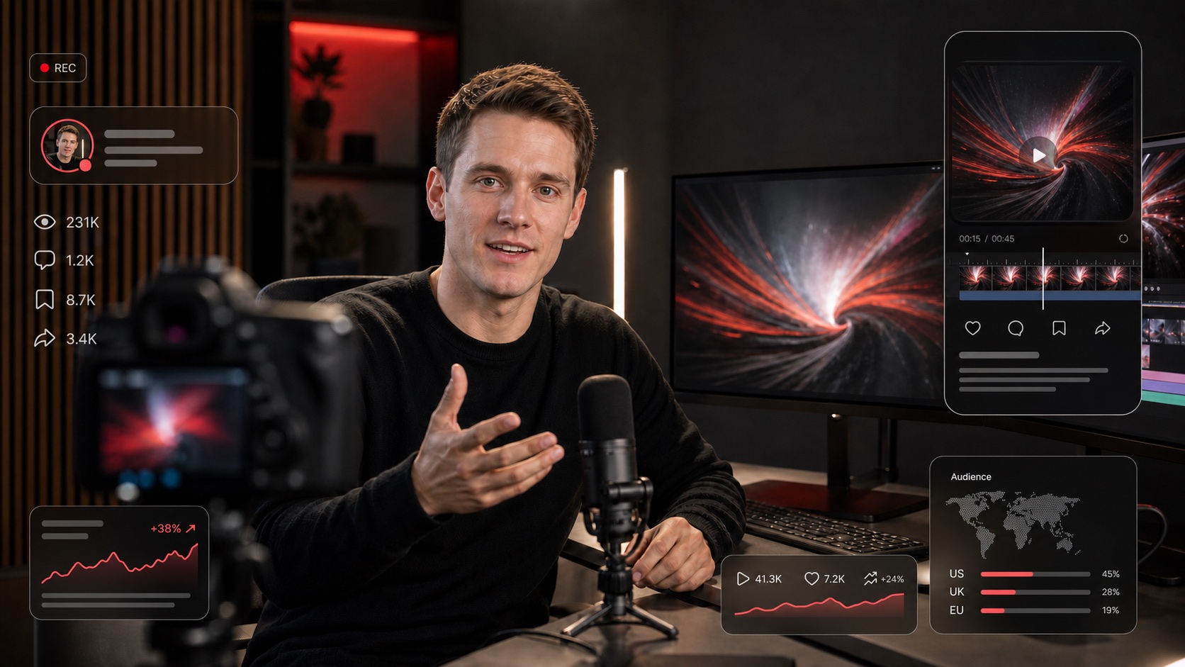 American AI creator filming a generative video tutorial with social content analytics