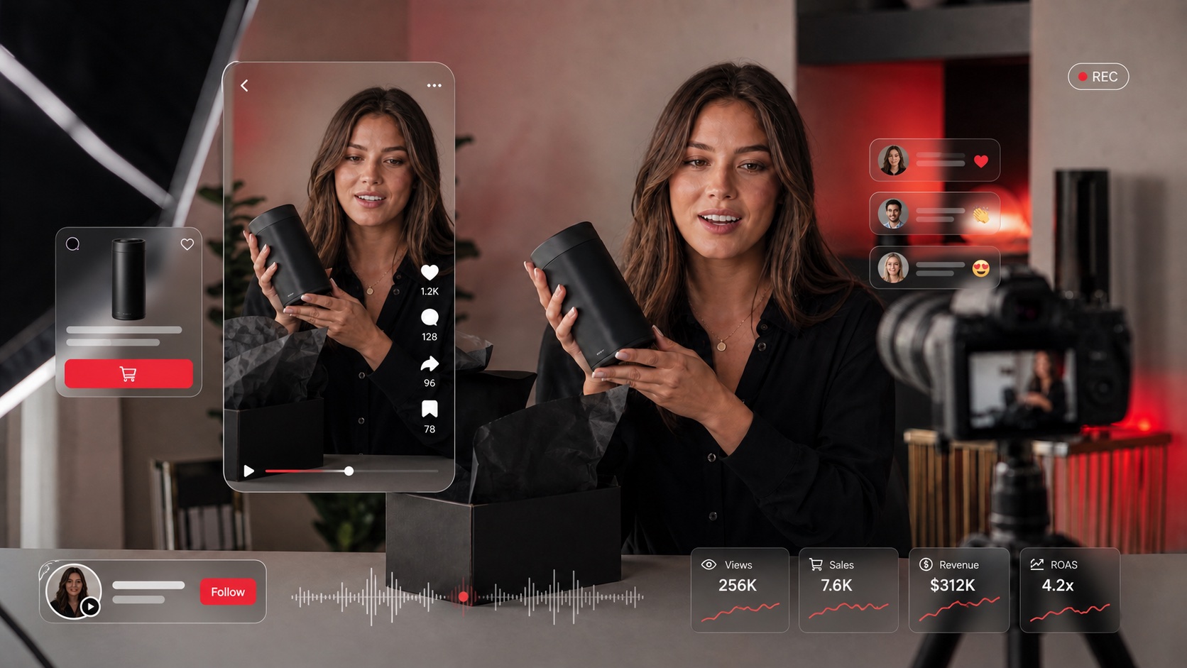 DTC creator filming an unboxing review with social commerce engagement signals