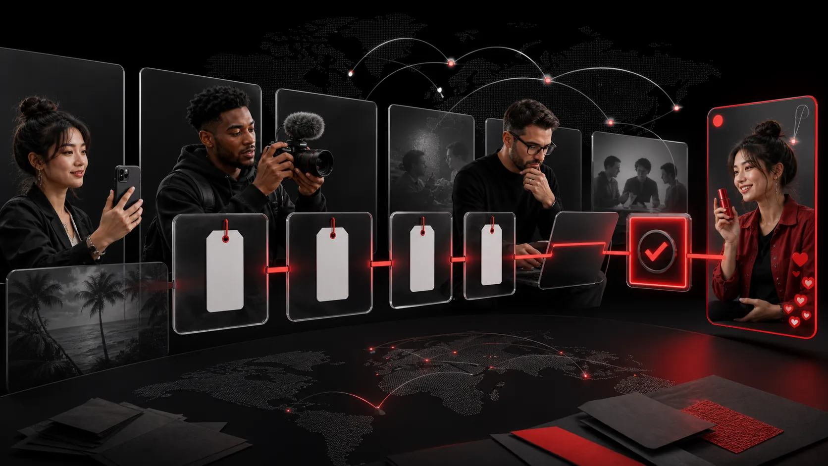 Creators and a brand reviewer moving content through transparent global advertising disclosure checkpoints