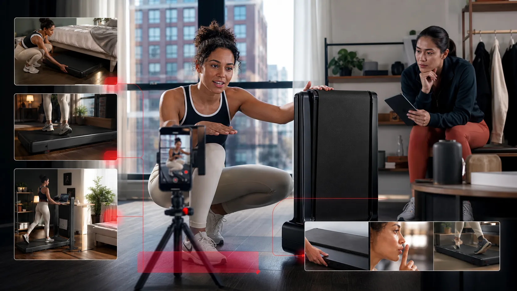 Lifestyle creator demonstrating compact home-fitness hardware while a brand operator reviews proof moments
